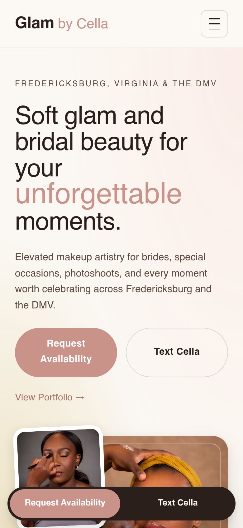 Mobile screenshot of the Glam by Cella website built by Afia Labs Studio