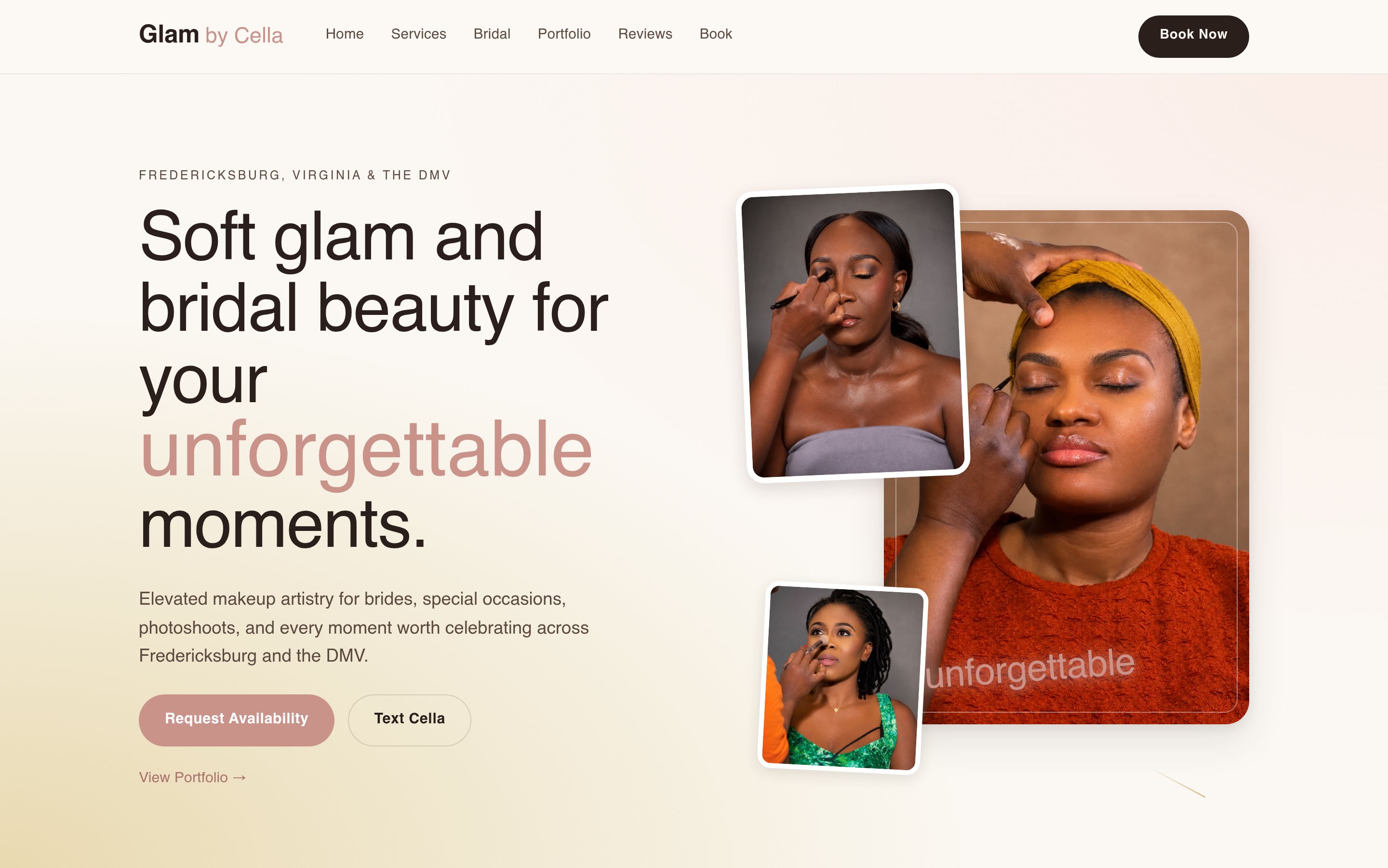 Desktop screenshot of the Glam by Cella website homepage built by Afia Labs Studio