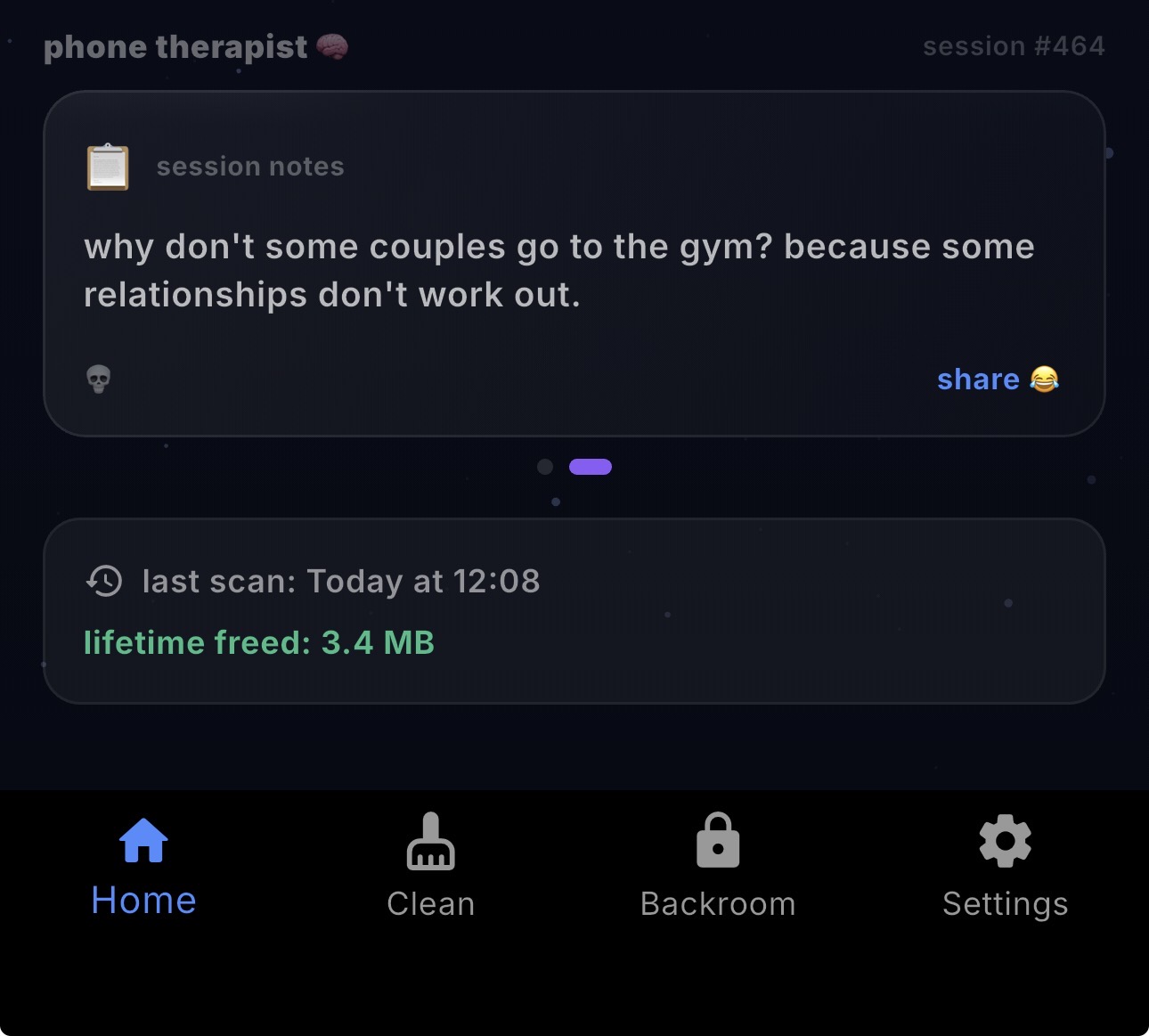 Phone Therapist diagnosis card on the MemeScanr home screen