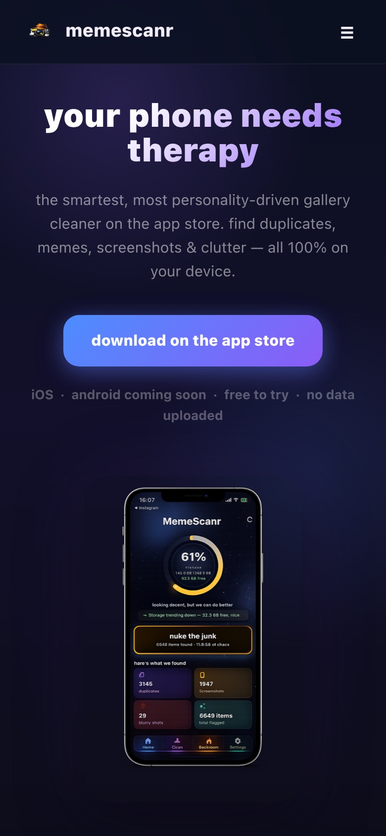 Mobile screenshot of memescanr.com built by Afia Labs Studio