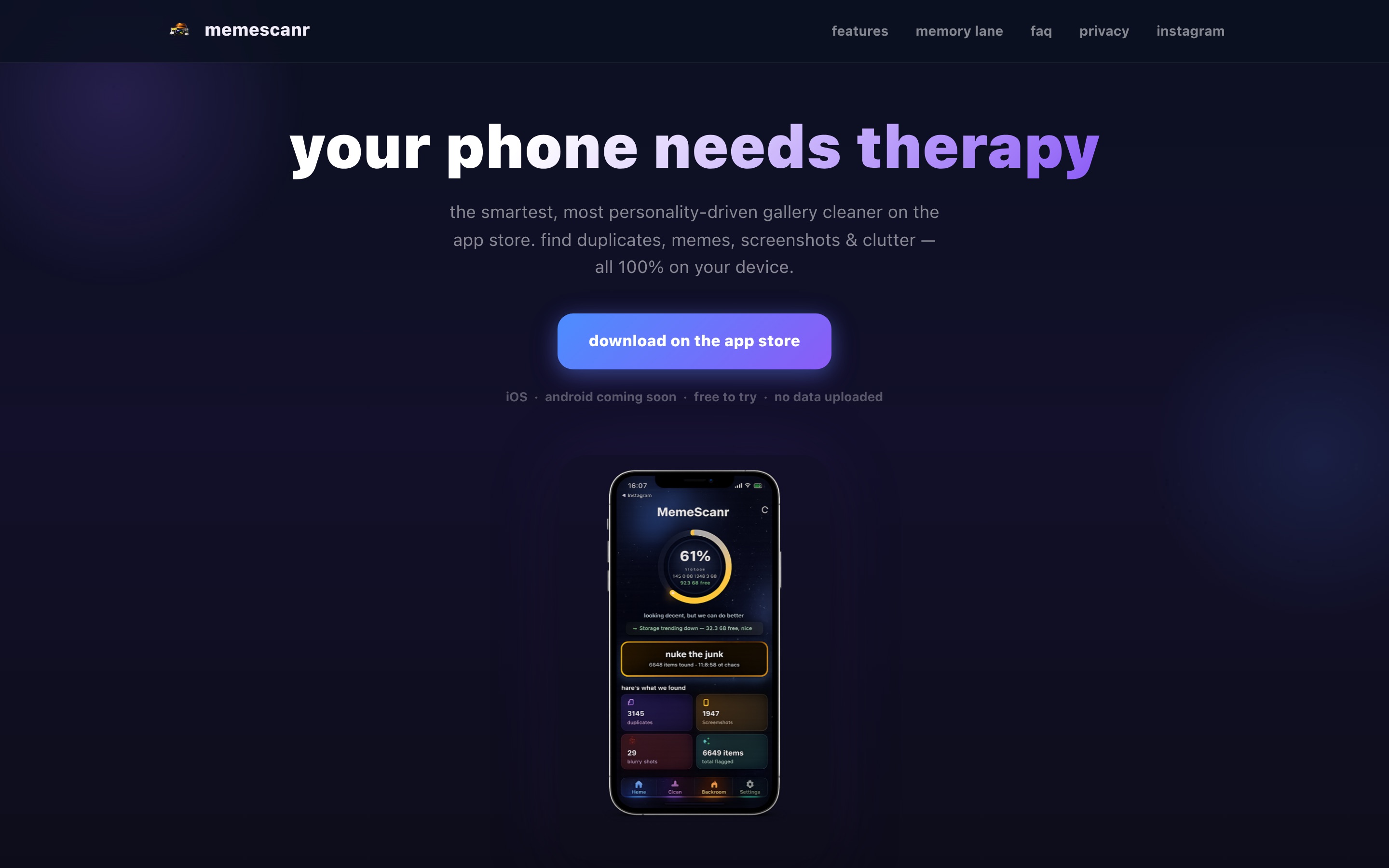 Desktop screenshot of memescanr.com, the MemeScanr marketing site designed and built by Afia Labs Studio