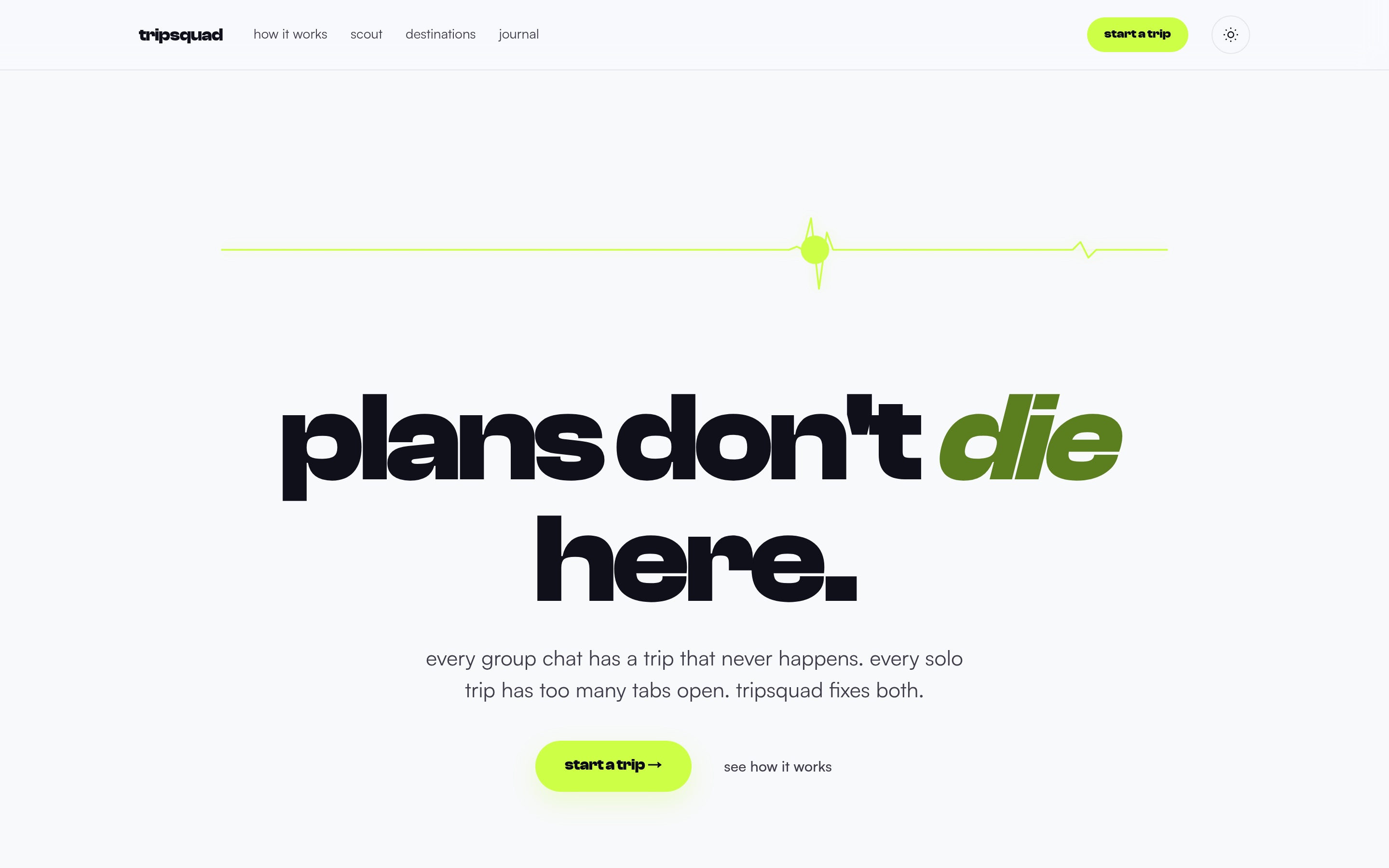 Desktop screenshot of gettripsquad.com, the TripSquad marketing site designed and built by Afia Labs Studio